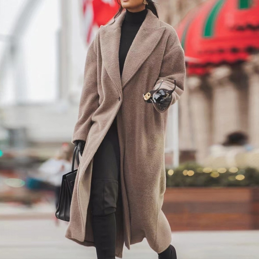Women's Long Coats Autumn Winter Decent Elegant Single Button Plain Long Sleeve - Picture 3 of 5